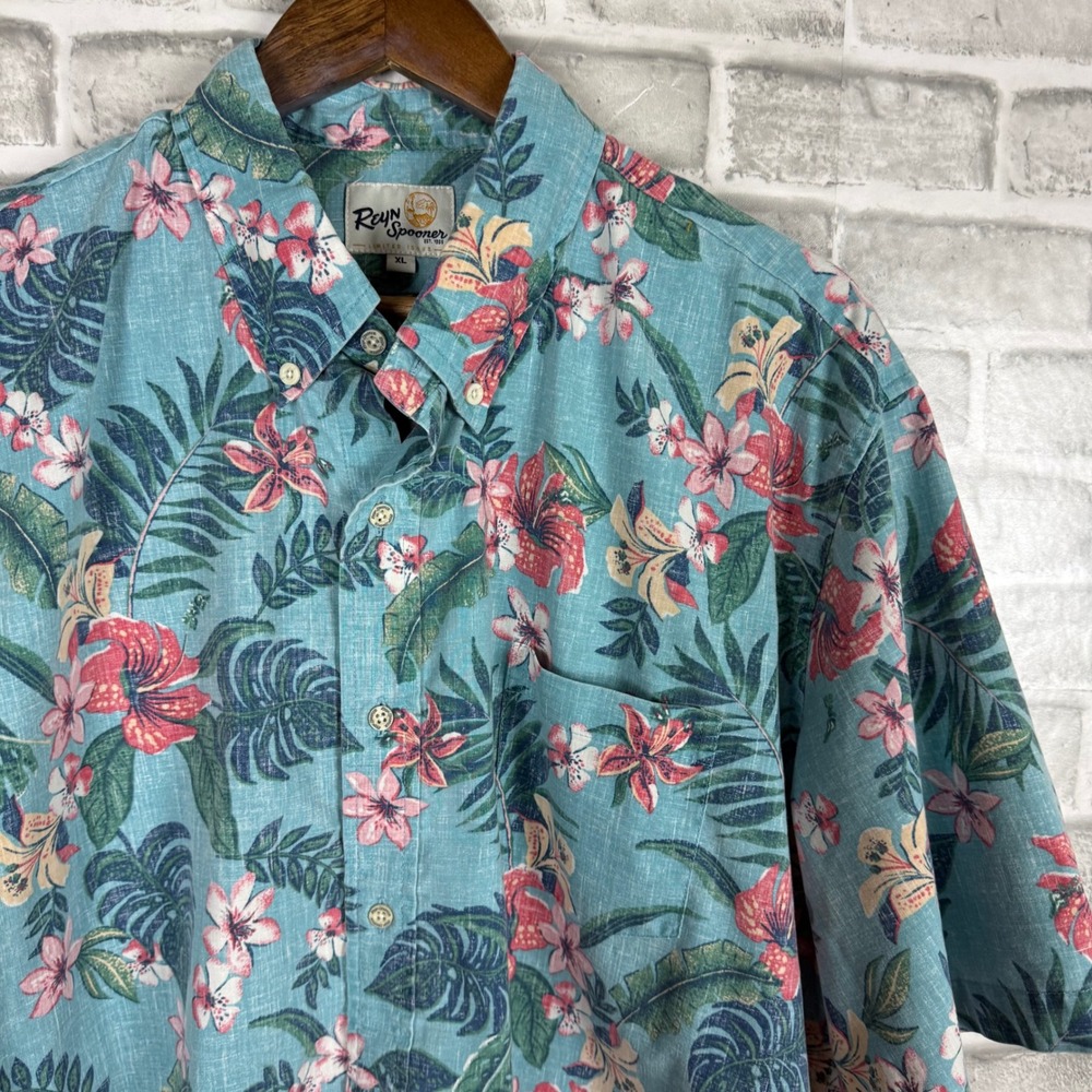 Reyn Spooner Vtg 90s Hawaiian Shirt Mens XL Teal Pink Tropical Floral Hibiscus